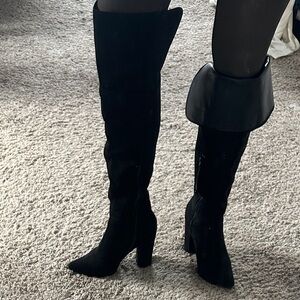Black Over-the-Knee Pointed Toe Boots with Chunky Heel